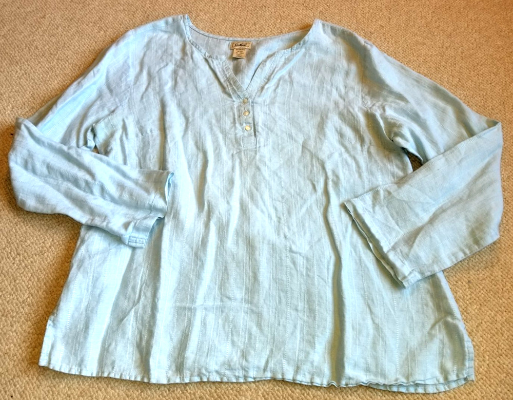 Womens Top-L.L. BEAN-sky blue 100% linen 1/4 button pullover Coastal Resort-XL